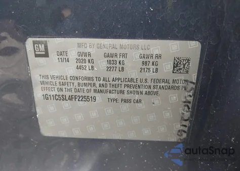 2015 Chevrolet Malibu 1Lt из США, поврежденный, VIN 1G11C5SL4FF225519